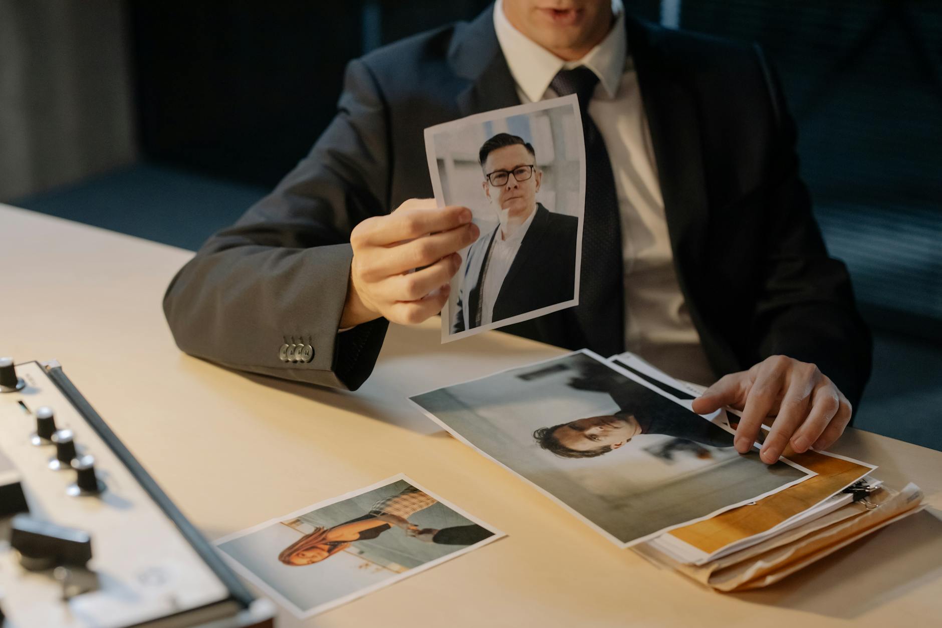 A detective in a suit reviews evidence photographs at a table, highlighting a crime investigation scenario.