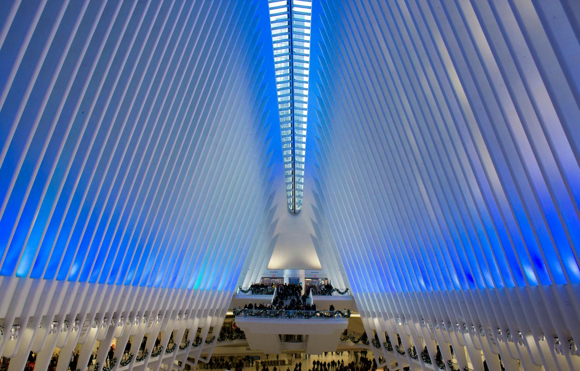 Interior view of the Oculus at the World Trade Center in NYC, showcasing modern architecture.